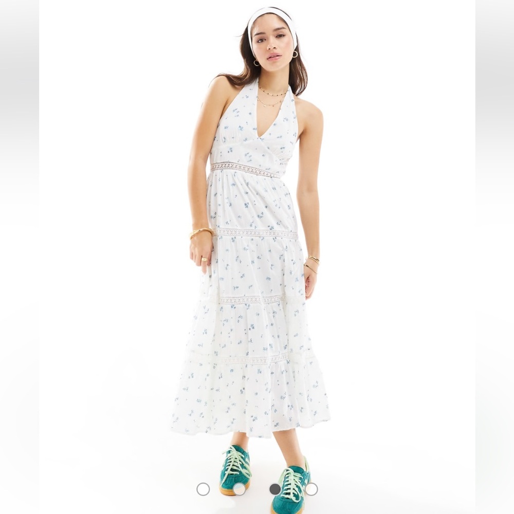 NWT Cotton On Stella Halter Neck Maxi Prairie Dress In Soft Blue Ditsy Size 12